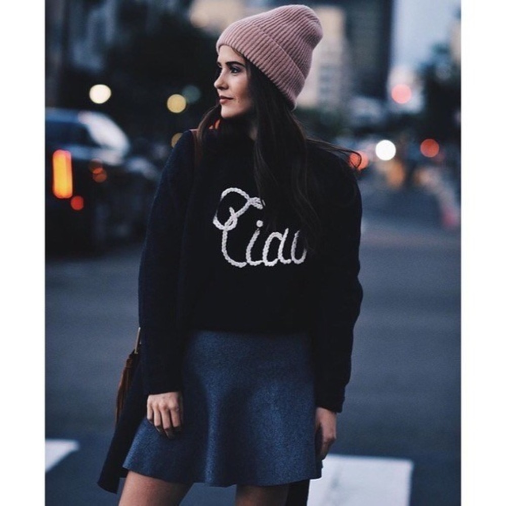 WILDFOX Couture Dinner Party‎ Ciao Bella Black White Embroidered Sweater Small
